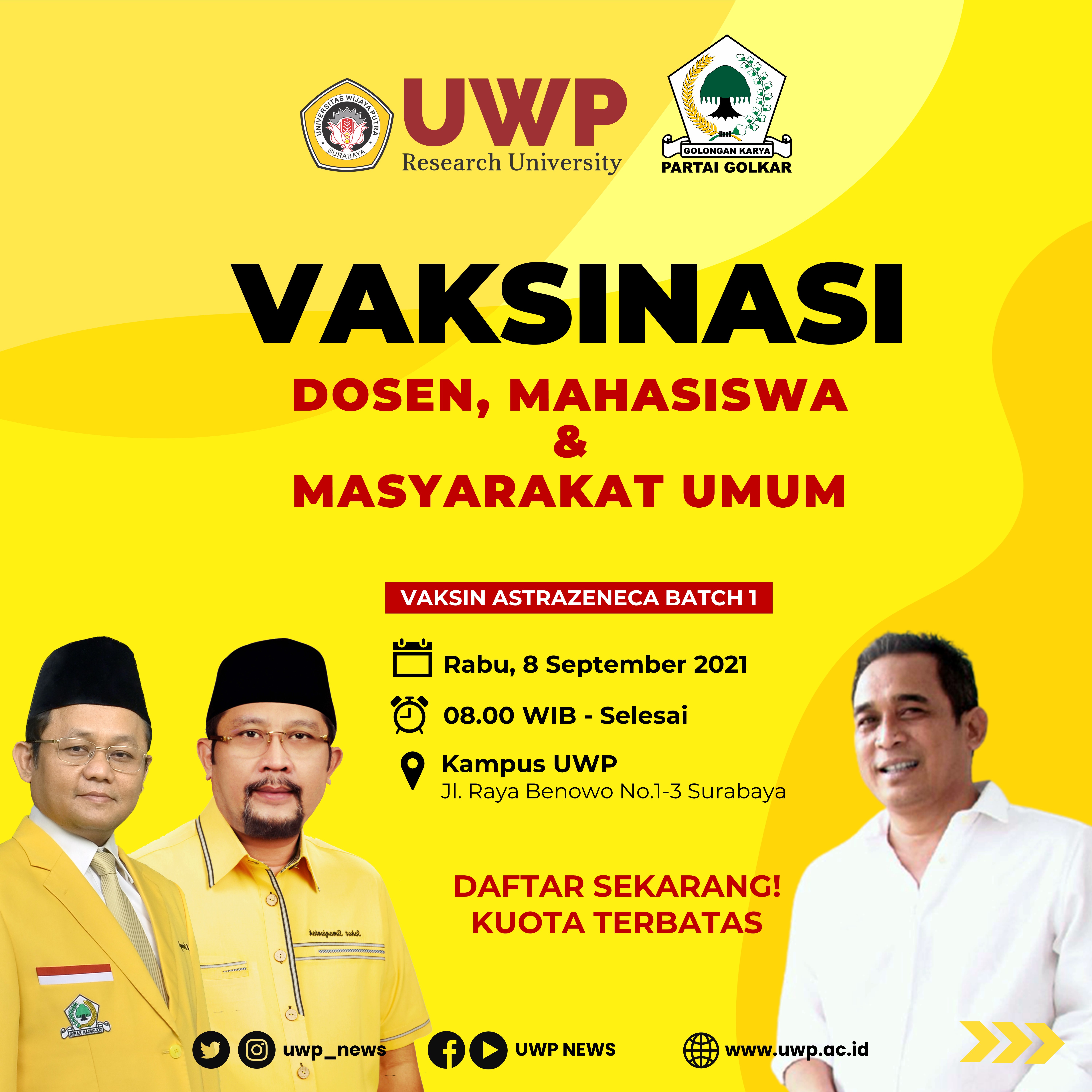 VAKSINASI Dosen dan Mahasiswa UWP serta Masyarakat Umum, Kerjasama dengan DPD Partai Golkar Jatim